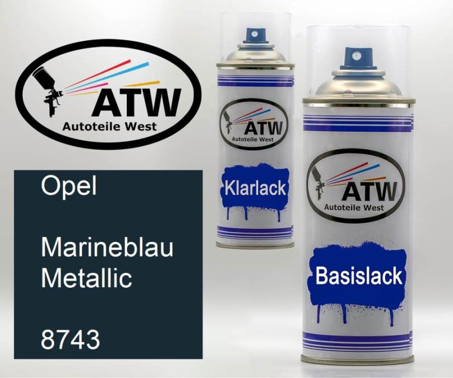 Opel, Marineblau Metallic, 8743: 400ml Sprühdose + 400ml Klarlack - Set, von ATW Autoteile West.